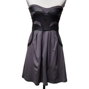 Strapless Mini Dress Sweetheart Neckline Faux Leather Accents Pockets‎ Glam - S